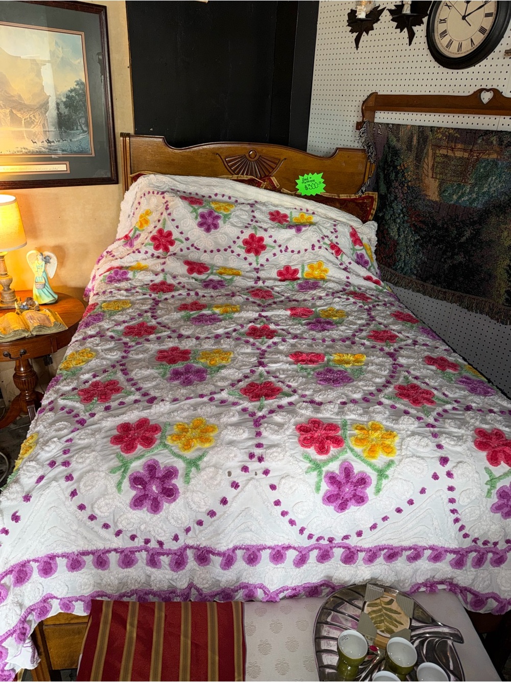 Vintage White Floral Chenille Bedspread with Pink, Purple & Yellow Flowers
